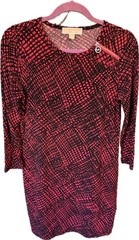 MICHAEL KORS RED PLAID GRID PRINT SLINKY LOGO ZIPPER SHOULDER SHIFT DRESS SZ S