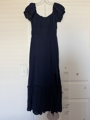 Hollister S Navy Solid Square Neck Smocked Puff Short Sleeve Ruffle Maxi Dress