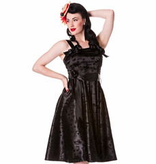Hell Bunny Black Satin Flocked Dress size Small
