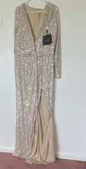 Ieena for Mac Duggal 16 Beige Sequin Mesh V-Neck Long Sleeve Lined Zip Gown