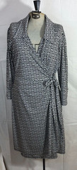 Laundry by Design Black White Geometric 3/4 Sleeve L Wrap Dress Below the Knee