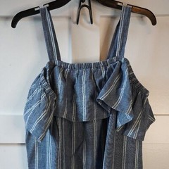 NWT, J. Crew Factory, Striped Chambray Ruffle-neck Cold Shoulder Dress, Blue
