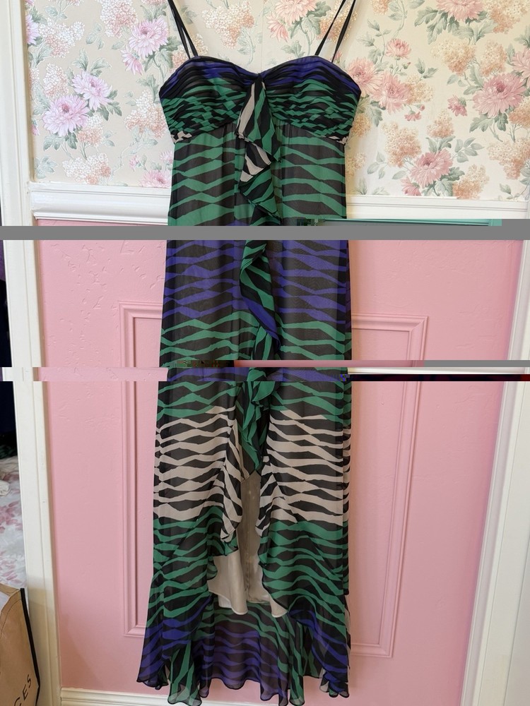 BCBGMaxAzria silk chiffon ruffle front strapless maxi dress with train size 0