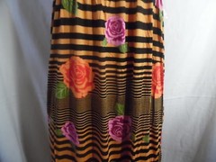 LONG PINK BLACK GOLD STRIPE ROSES MAXI DRESS STRAPLESS ELASTIC TOP SMALL