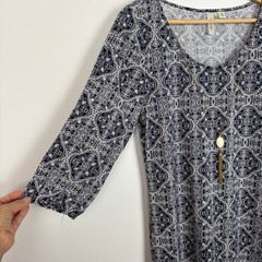 Tacera Womens Floral Geometric Paisley Dress Sz M Navy 3/4 Sleeve Slit Necklace