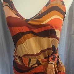Womens Orange Brown Abstract Print Strappy V-Neck Adjustable Tie Waist Dress M