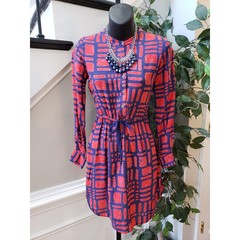 Global Desi Shirt Dress Women&rsquo;s XS Red Blue Geometric Drawstring Roll Tab Sleeve