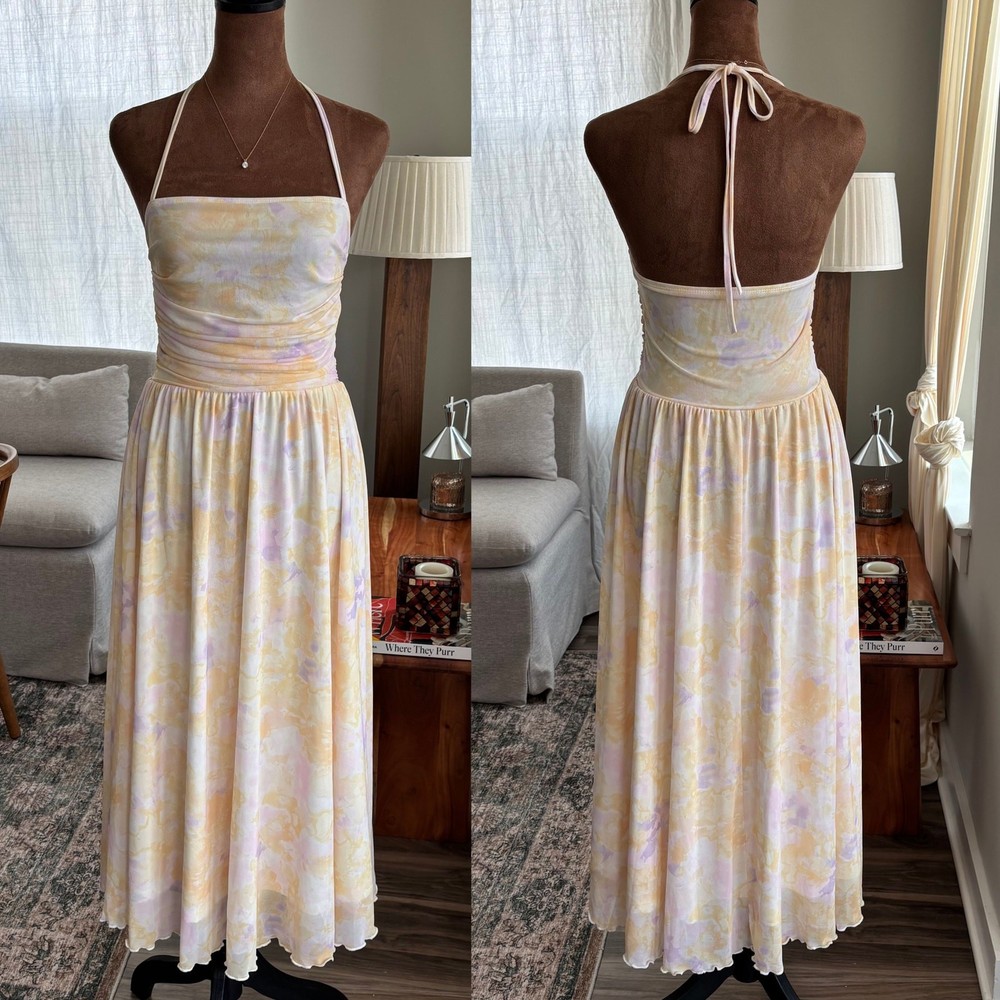 Pastel Watercolor Floral Mesh Halter Midi Dress Ruched Summer Girly Whimsy Small