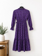 Purple Floral Midi Dress Women’s Small Long Sleeve Elastic Waist Boho