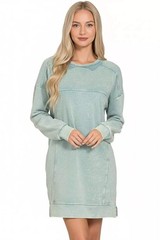 Zenana Women 100% Cotton Blue French Terry Acid Washed Pocket T-Shirt Dress
