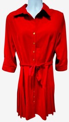Sharagano Women&rsquo;s Dress 16 Button Front Red 3/4 Roll Tab Sleeve Pleated Skirt