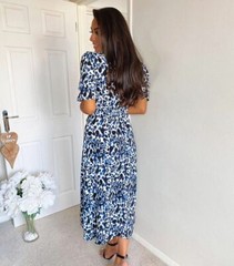 AX PARIS Ecru Blue Animal Brushstroke Print Puff Sleeve Midi Wrap Dress size 10