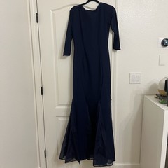 Chiara Boni Blue Long Stretch Jersey Gown V-Neck 3/4 Sleeve Ruffle Hem 14