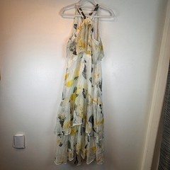 Anthropologie Floral Halter Maxi Dress Yellow White Ruffle Tiered Pleated Size 8