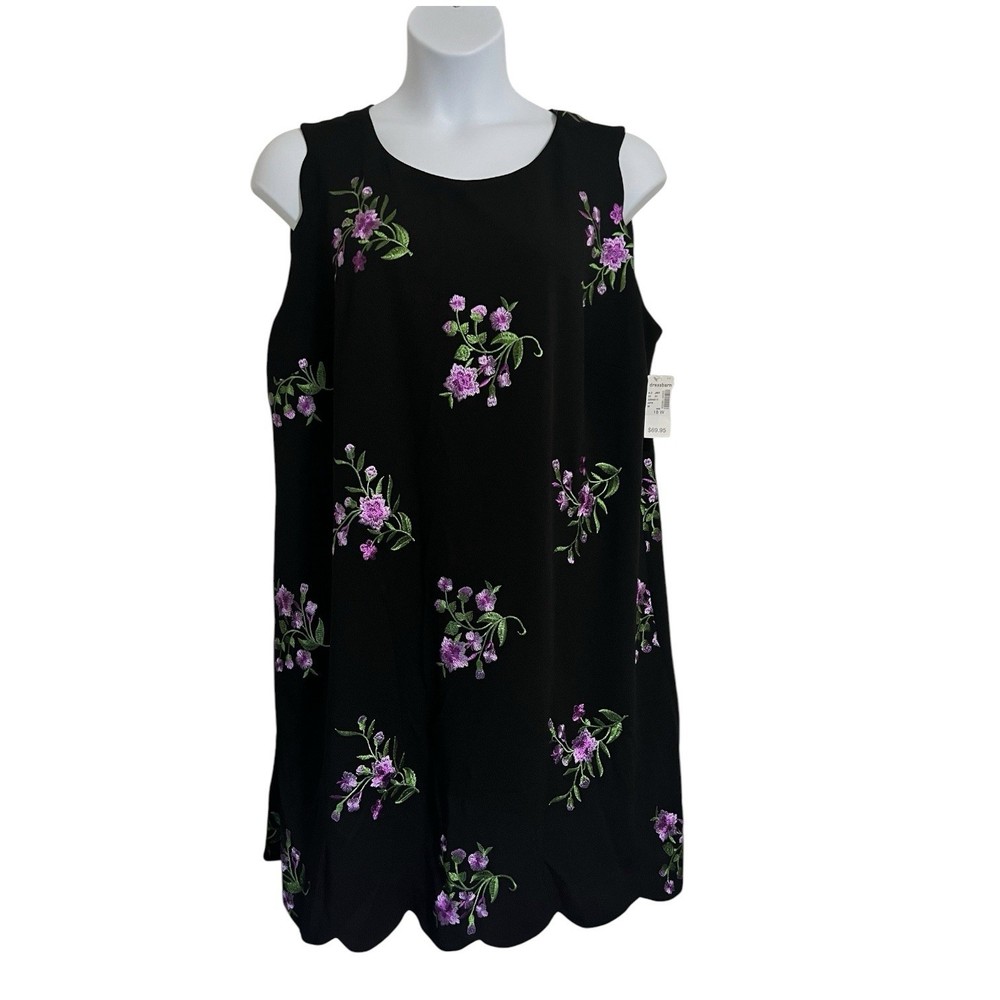 JONES STUDIO SIZE 18W BLACK EMBRIODERED PURPLE FLOWERS SCALLOPED MIDI DRESS NEW