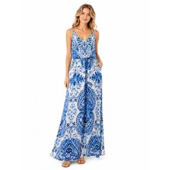 Cupshe Blue Paisley Boho Maxi Dress V-Neck Spaghetti Strap Summer Small NWT