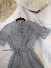 Vintage 70s/80s Pinstripe Blue White Short Sleeve Elastic Waist Back Zipper 6