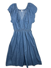 GAP Large Womens Dress Puff Sleeve Denim Midi V-Neck 100% Cotton Medium Wash