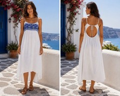 Roxy White Embroidered Open Back Midi Dress XLMediterranean Boho Resort Vacation