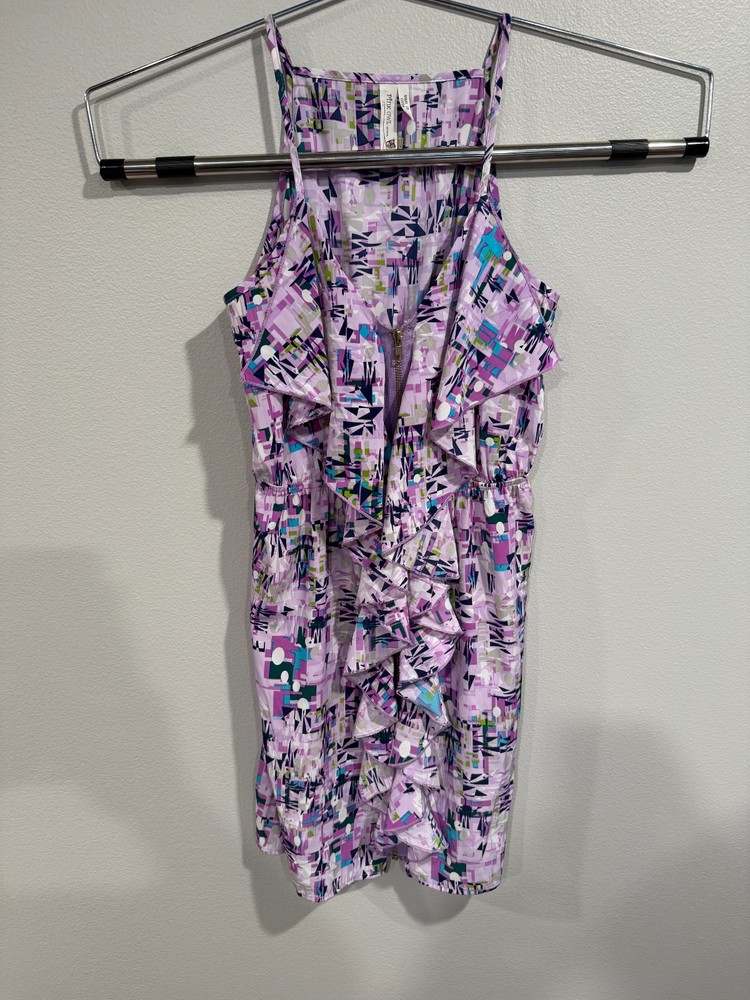 Pink Owl Apparel Dress Women Medium Purple Geometric Sleeveless Ruffled Full Zip