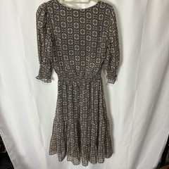 1State Paisley Printed V Neck Ruched Metallic Thread Boho Midi Dress Modest Sz S