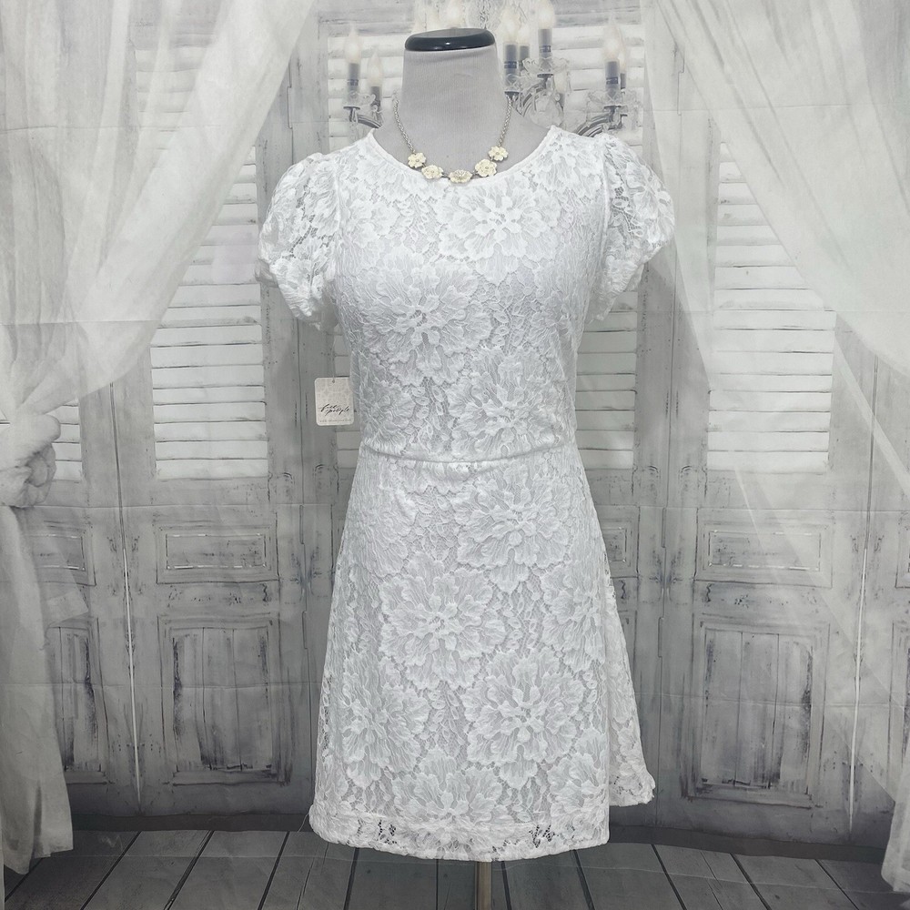 Free People Medium Ivory White Hailee Lace Short Puffed Sleeve Mini Dress B37
