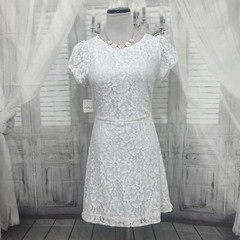 Free People Medium Ivory White Hailee Lace Short Puffed Sleeve Mini Dress B37