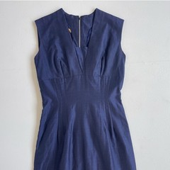 Vtg 60s Navy Blue Sleeveless Structured Sheath Dress / Mod Retro Minimal 10 XS/S