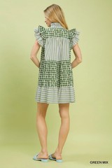 Umgee Mix Patchwork Flutter Sleeve Tiered Dress – Green Mix – Large