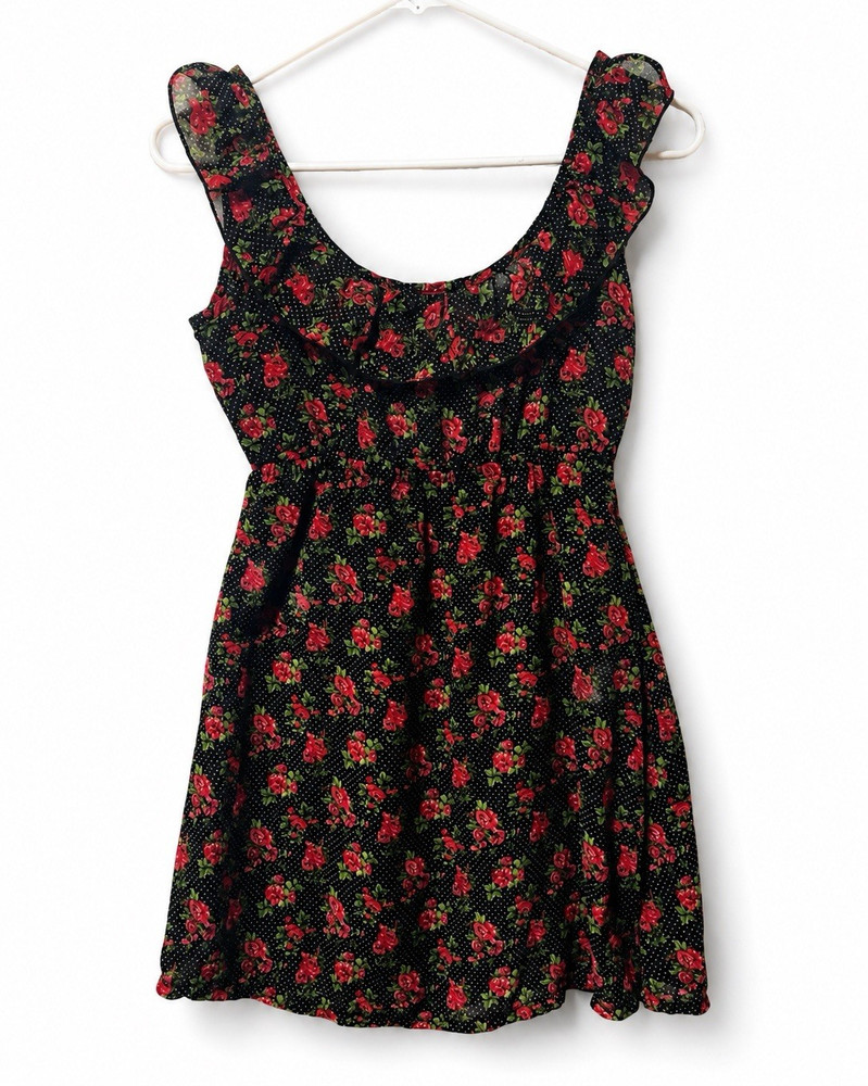 rue21 Women’s S Black Floral Chiffon Mini Dress Sleeveless Scoop Neck Ruffle