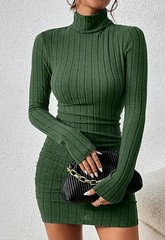 Women’s Ribbed Turtleneck Mini Dress Slim Fit Long Sleeve Bodycon Party Clubwear