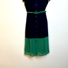 MSK Sheer Navy Blue Green Button Down Rockabilly Pinup Girl Dress Women&rsquo;s 12
