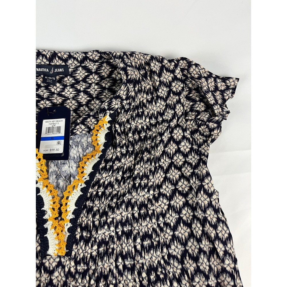 Nautica Jeans XL Siesta Key Beach Dress Black Beige Ikat Crochet Trim New