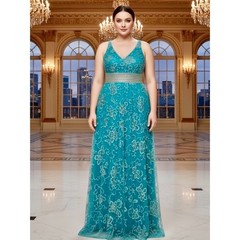 Elegant XXL Teal- Aqua intricately hand beaded Evening Dress. Attitudes by Debra