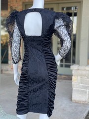 Vintage 80s Black Bodycon Cocktail Dress, Ruched Satin and Huge Puff sleeves