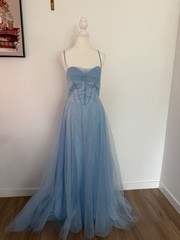 Blue Solid Glitter Tulle Long Formal A-Line Dress Corset Lace-Up Back M