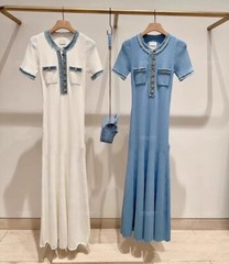 NEW Sandro Denim patchwork knit Short sleeve long dress Women&rsquo;s