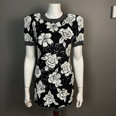 VTG Saks x JOAN LESLIE sequin Evening Dress Size 4 Floral Beaded Sparkle 90s