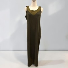 Timjan Designs Womens Olive Green Linen Nebula Maxi Dress High Side Slit Large