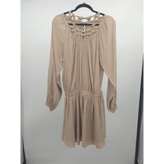 Ramy Brook Mini Dress M Suede Lattice Cutout Studded Neck Long Sleeve Beige