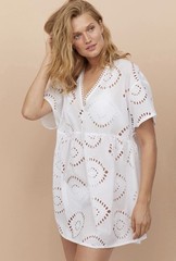 NEW H&M Cotton Beach Dress Kaftan Mini Coverup Sz M All Over Eyelet Swim White