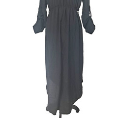 Faux Wrap Split Skirt Roll Tab Sleeve Maxi Dress Size L Black Goth Vamp Festival