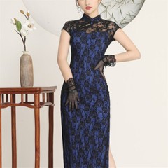 Women Lace Floral Cheongsam Qiapo Dress Side Slit Stretchy Formal Evening Party