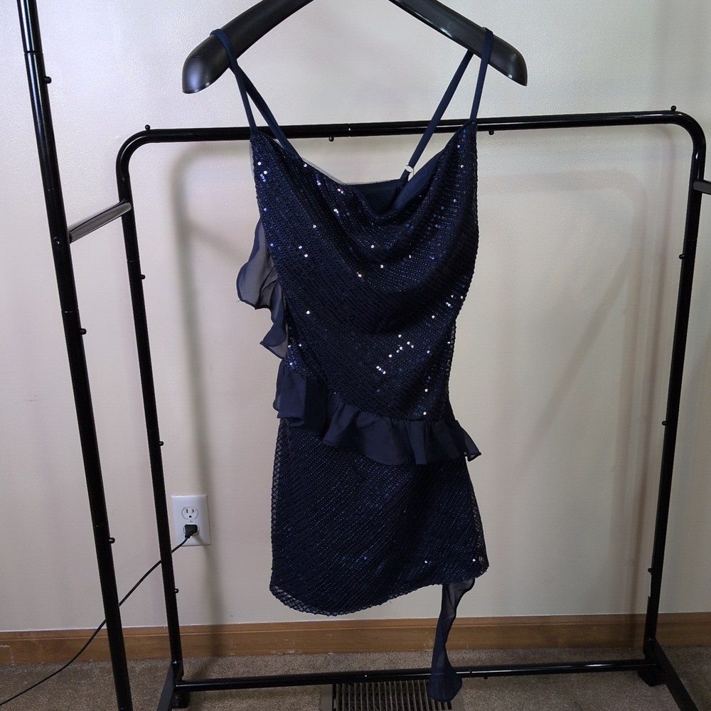 Dark Blue Sequin Ruffle Cowl Neck Minidress Sz 2 NWT