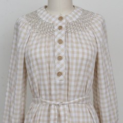 Vintage 1970s Beige Gingham Long Sleeve Midi Dress M