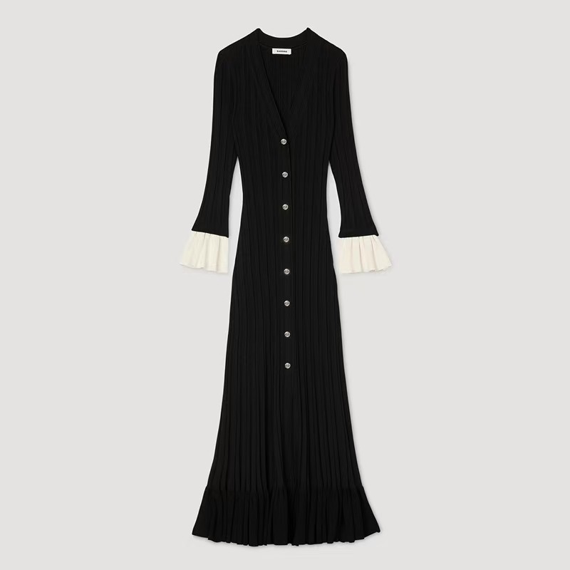 Sandro Black V-neck Flared long sleeves Long knitted Dresses