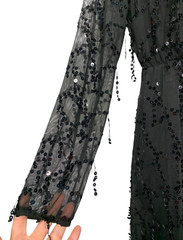 NWT Miss Ord Women size M Black Sequin Drop Sheer Maxi Dress Plunging V-Neck