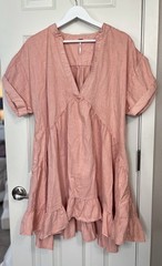 Free People Pink Solid V-Neck Short Sleeve Ruffle Hem Mini Dress Size M