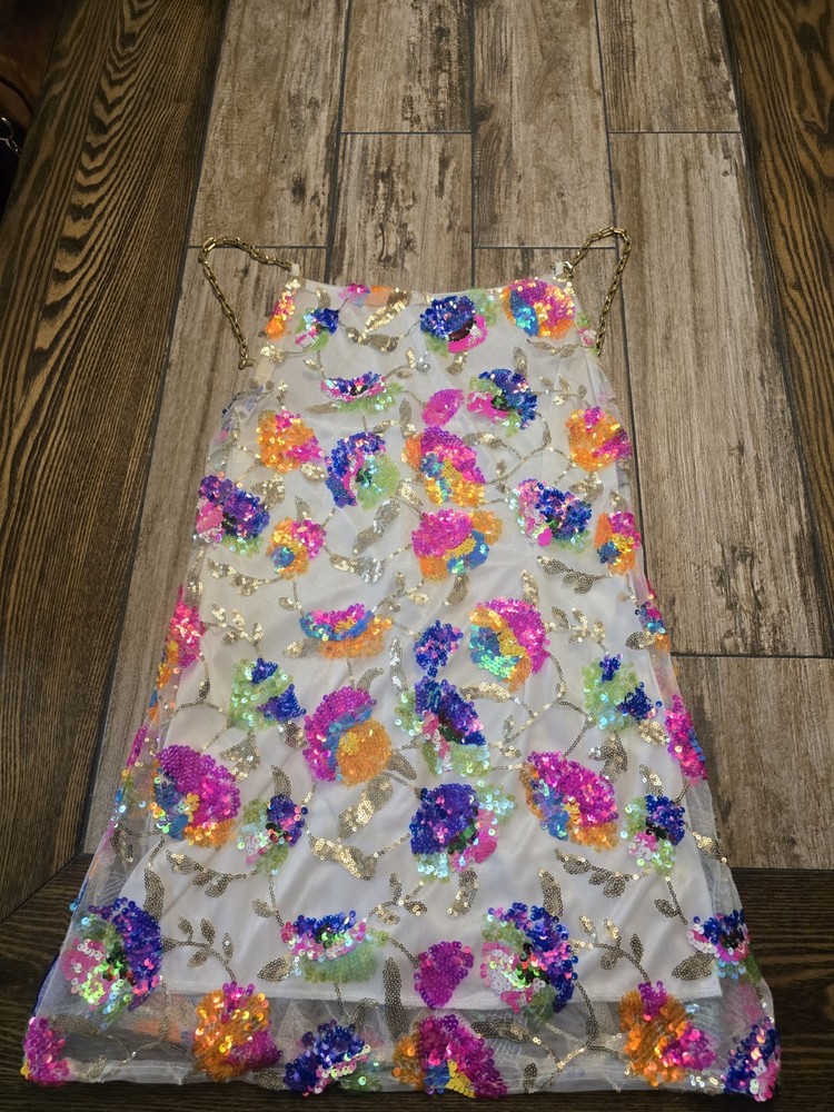 Womans Rainbow Sequin Mesh Overlay Dress Chain Strap Size Small. Festival.Y2k.