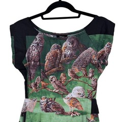 Matrushka Construction Shift Dress, Size Small, Owl Print Belted Handmade Unique
